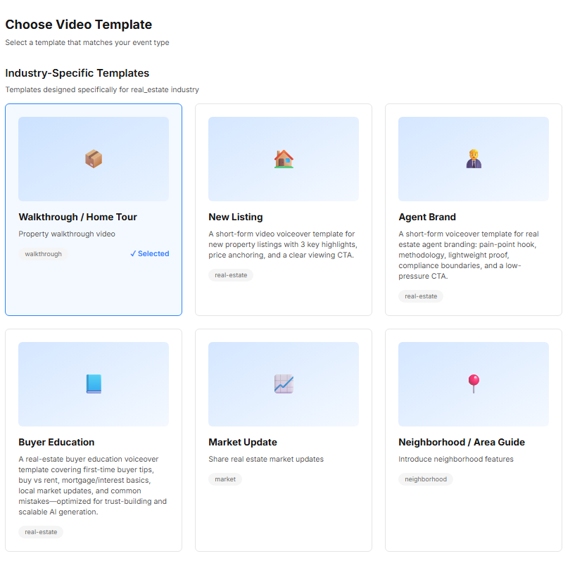 Real estate video templates dashboard for listing promotion